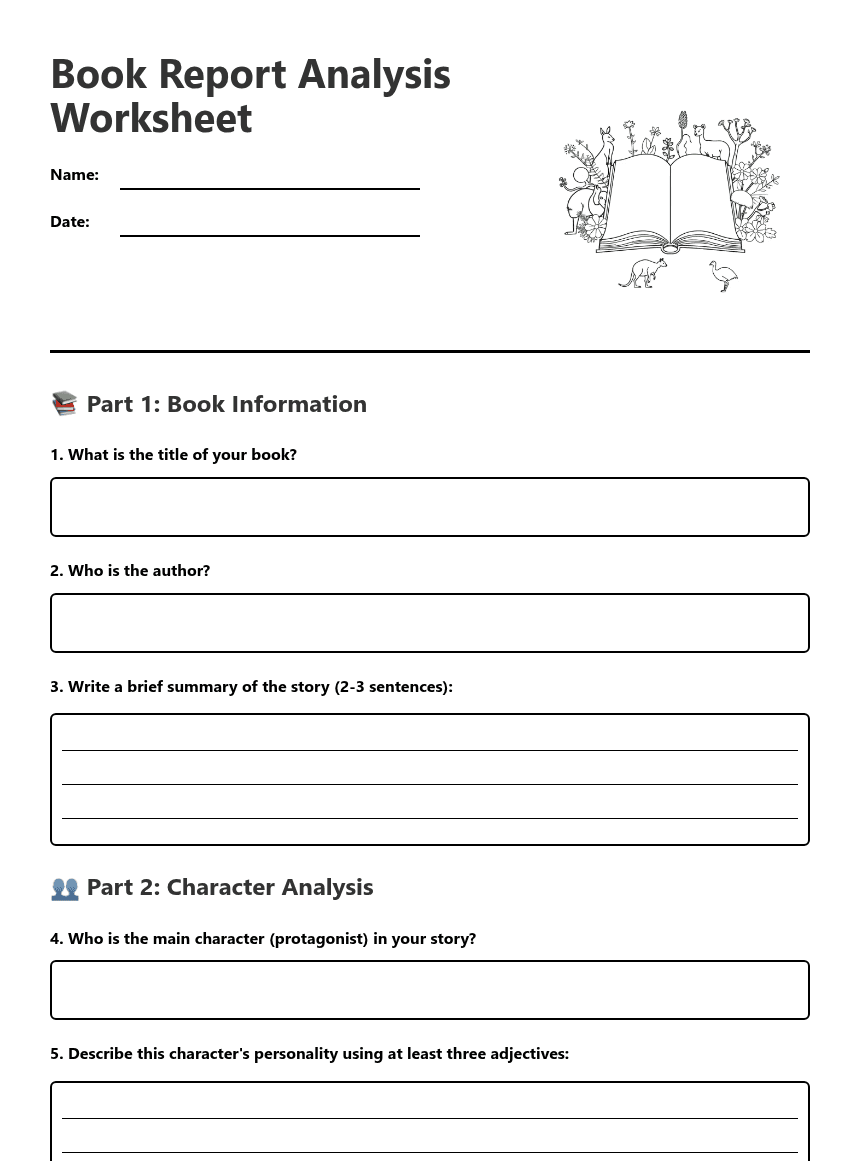 Book Report Analysis Worksheet worksheet preview