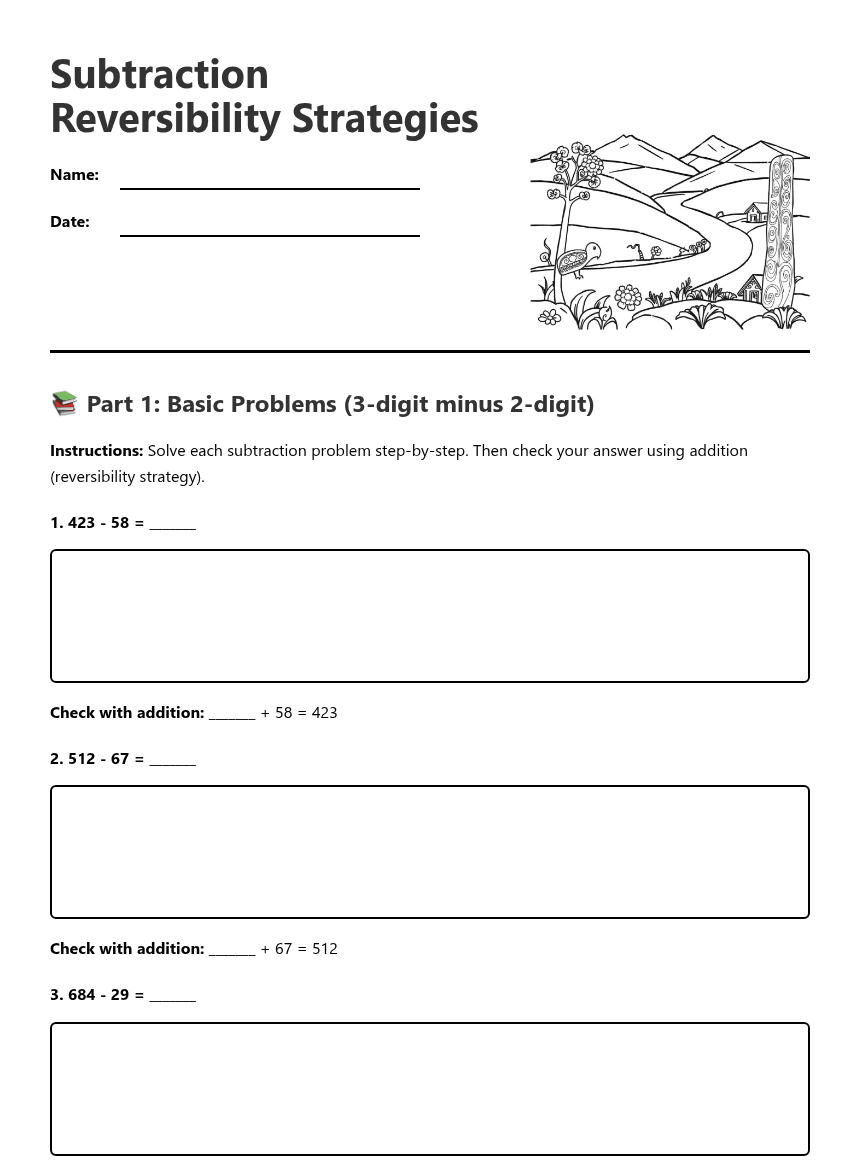 Subtraction Reversibility Strategies worksheet preview