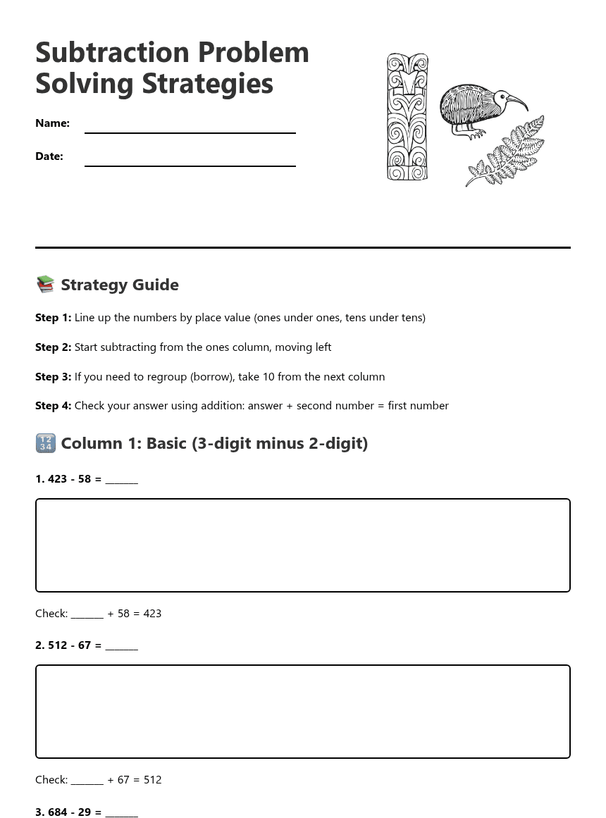 Subtraction Problem Solving Strategies worksheet preview