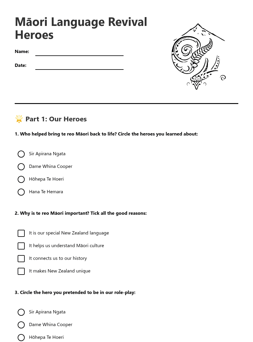 Māori Language Revival Heroes worksheet preview
