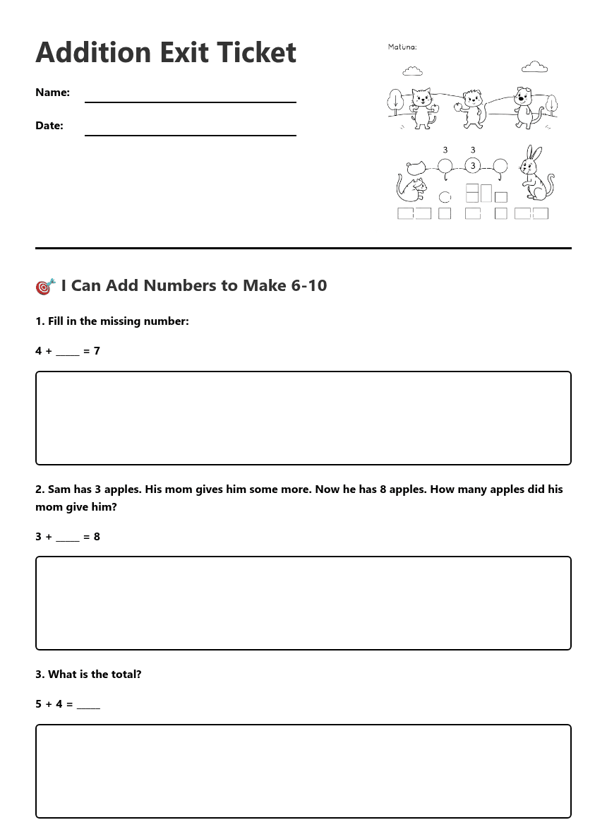 Addition Exit Ticket worksheet preview