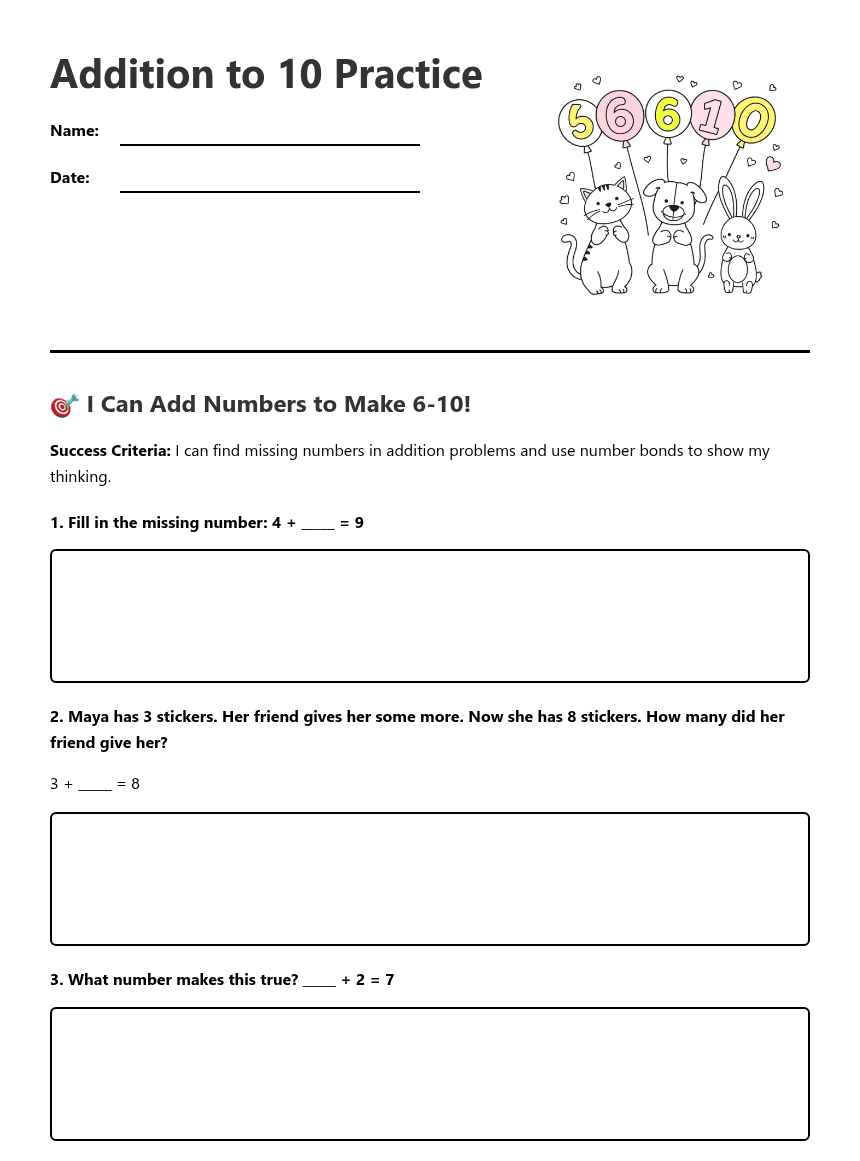 Addition to 10 Practice worksheet preview
