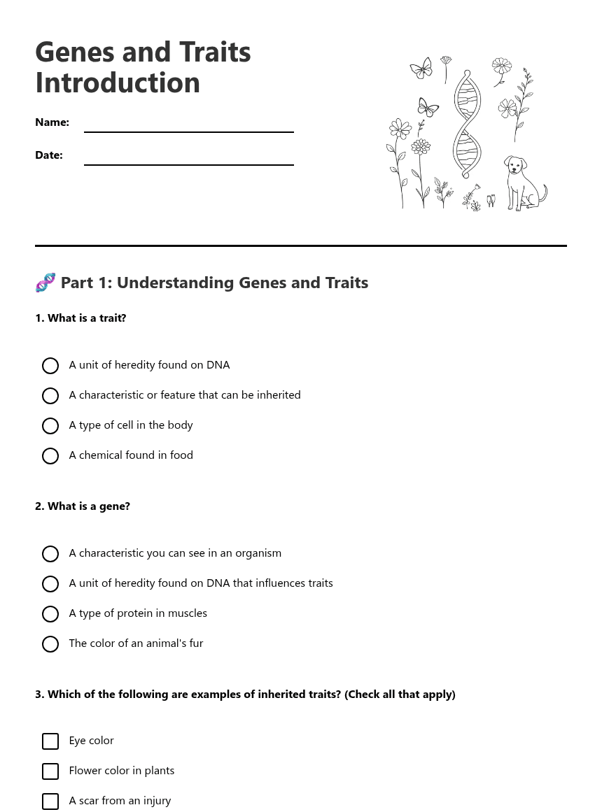 Genes and Traits Introduction worksheet preview