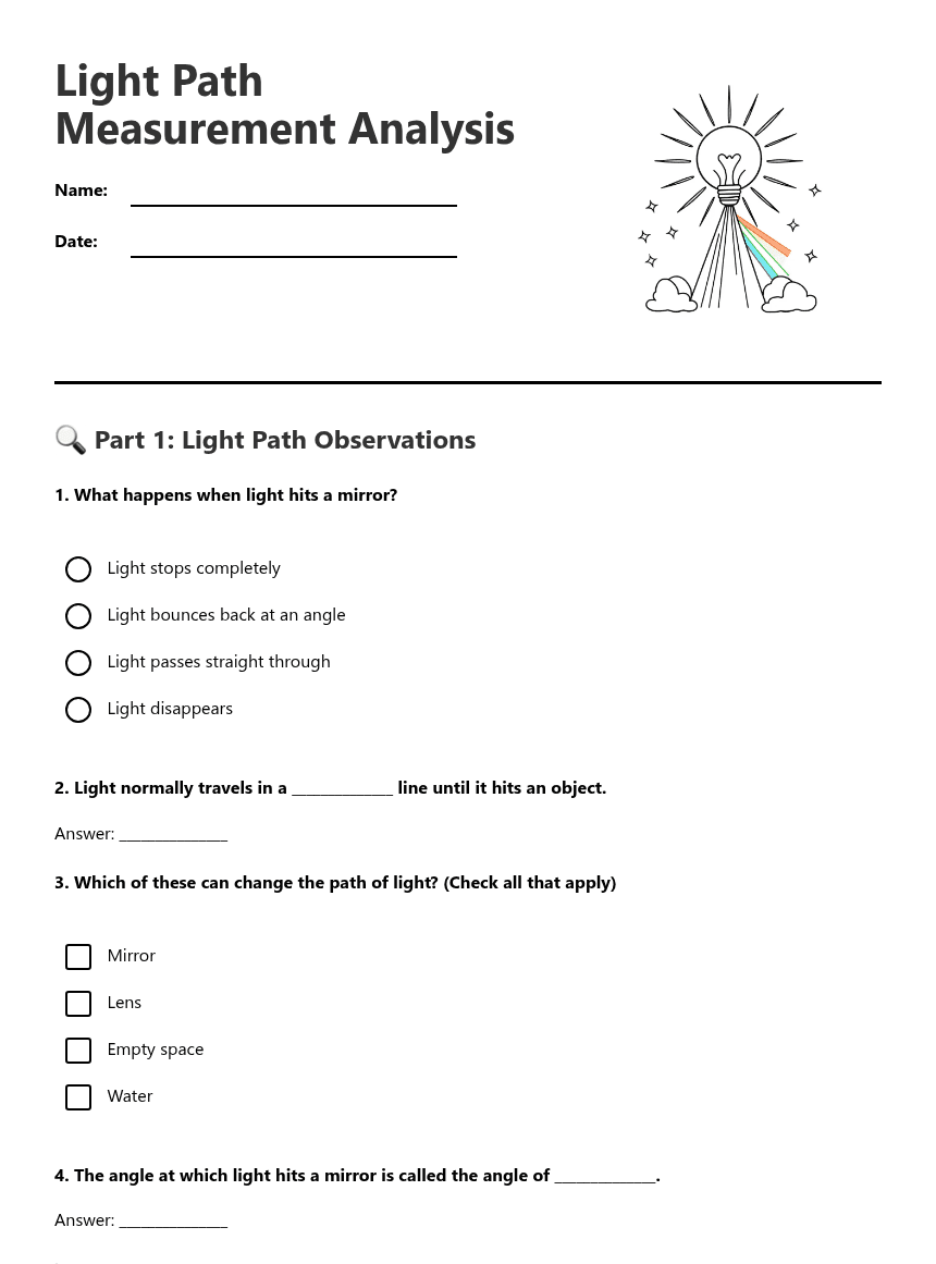Light Path Measurement Analysis worksheet preview