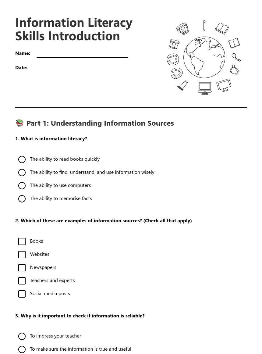 Information Literacy Skills Introduction worksheet preview