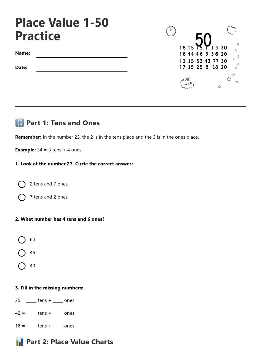 Place Value 1-50 Practice worksheet preview