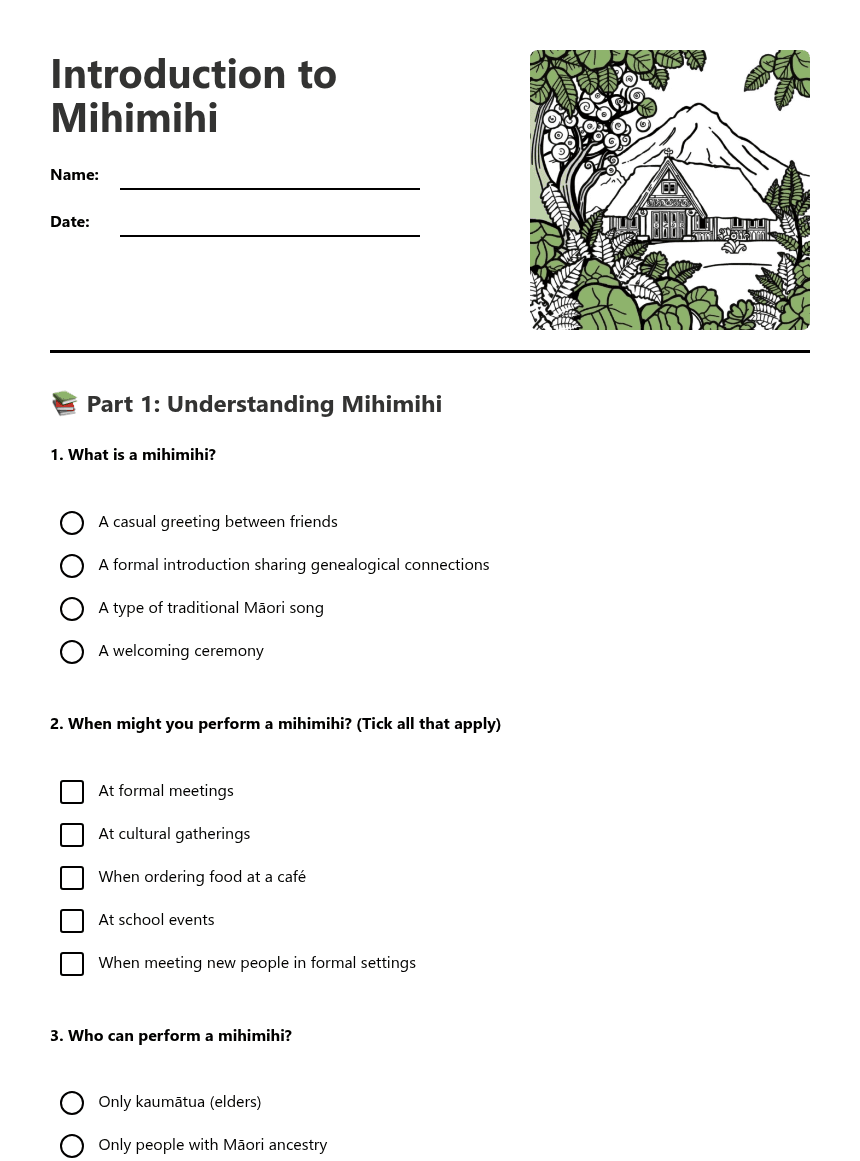 Introduction to Mihimihi worksheet preview