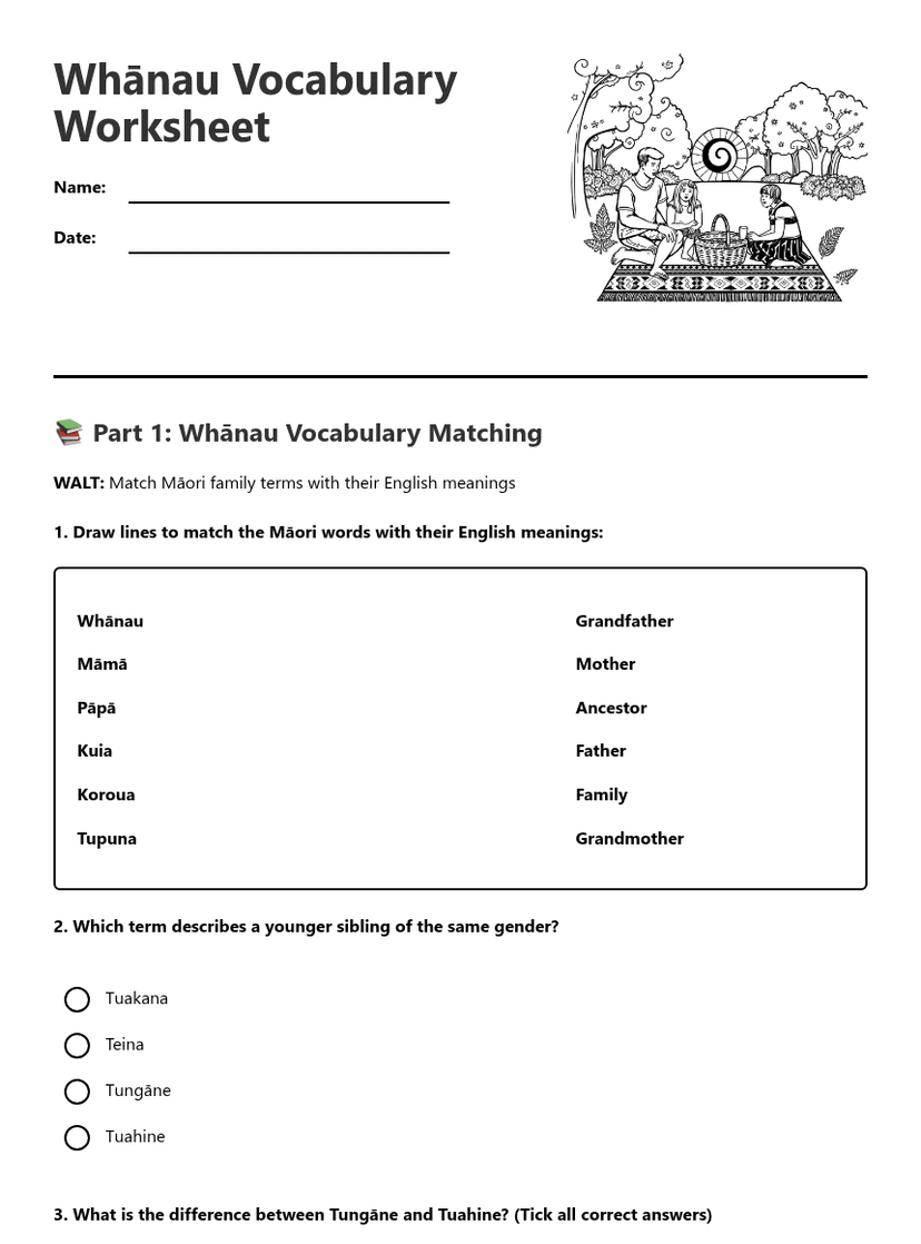 Whānau Vocabulary Worksheet