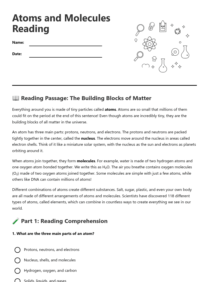 Atoms and Molecules Reading worksheet preview