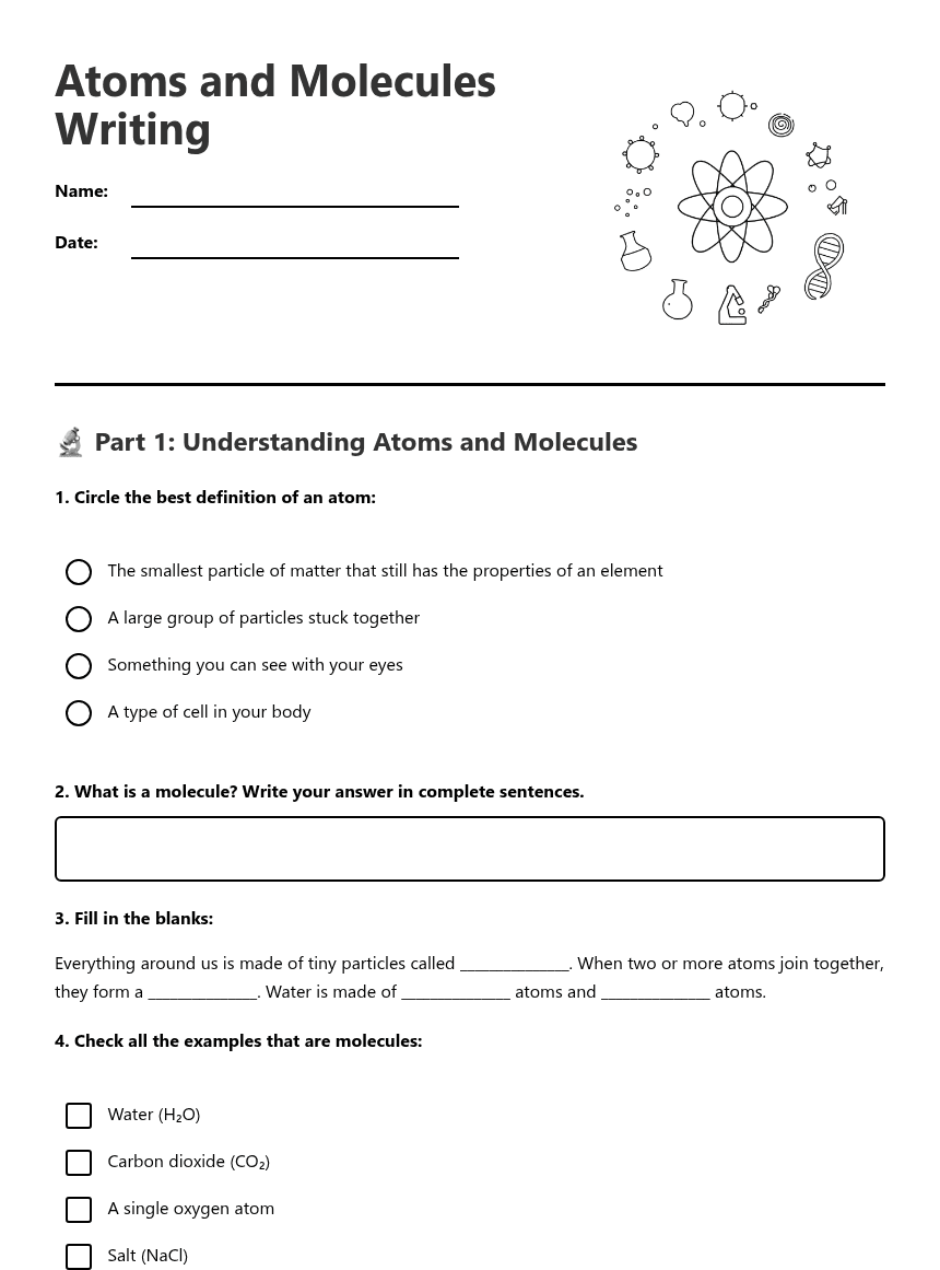 Atoms and Molecules Writing worksheet preview