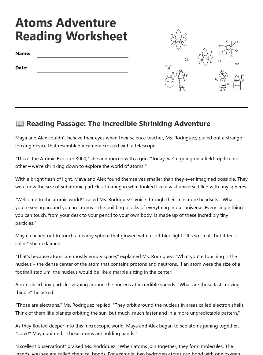 Atoms Adventure Reading Worksheet worksheet preview