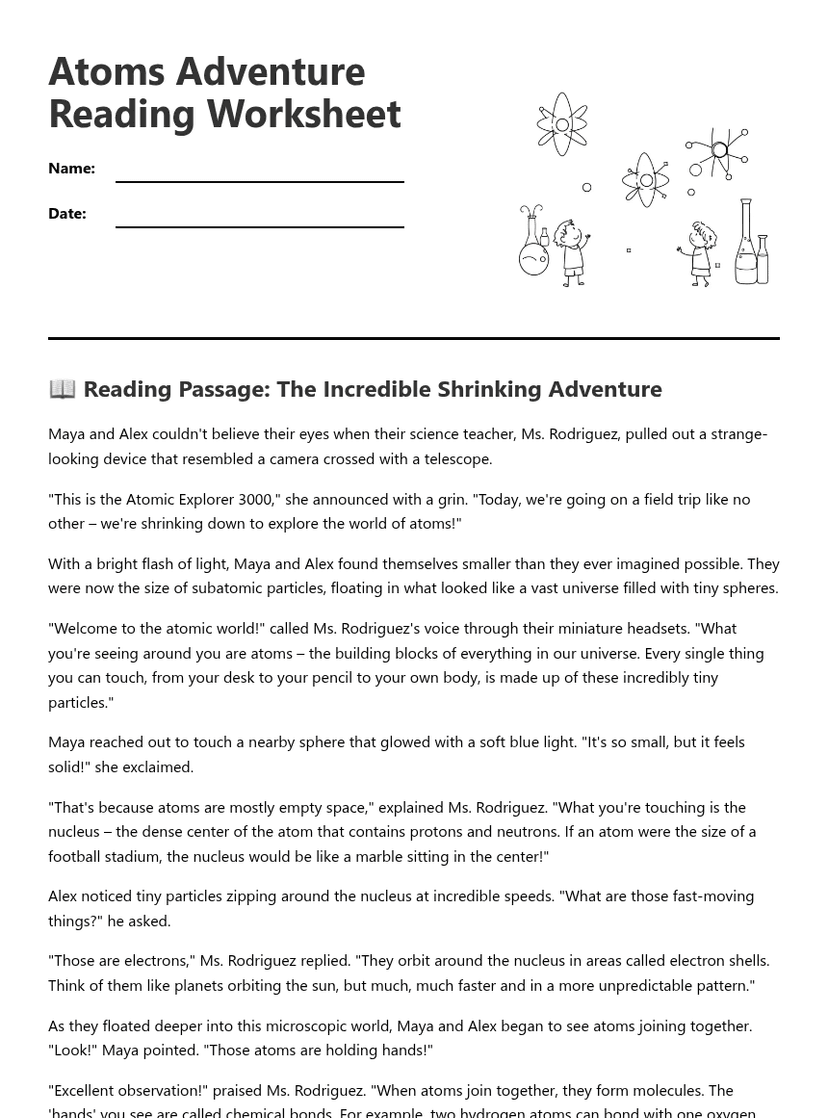 Atoms Adventure Reading Worksheet