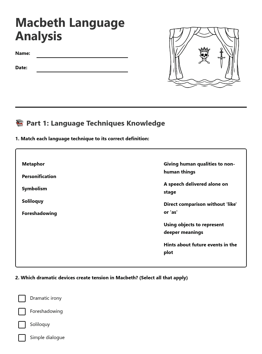 Macbeth Language Analysis worksheet preview