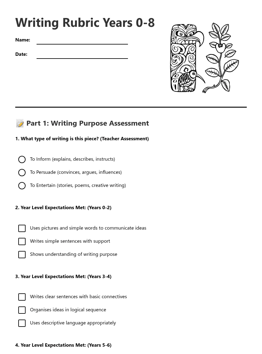 Writing Rubric Years 0-8 worksheet preview