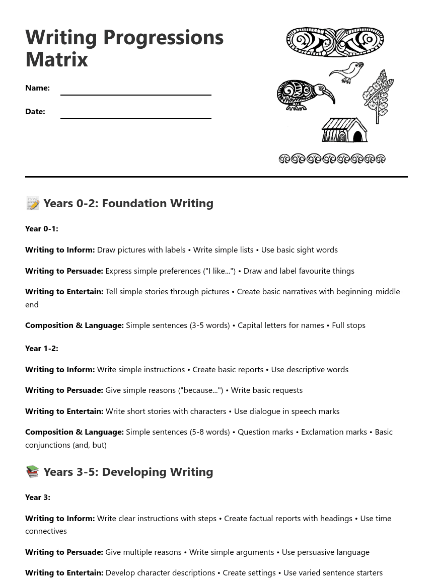 Writing Progressions Matrix worksheet preview