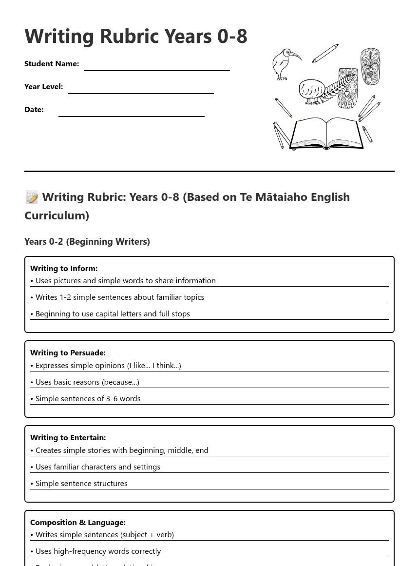 Writing Rubric Years 0-8 worksheet preview
