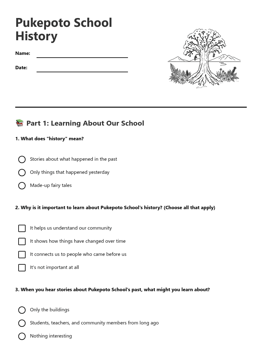 Pukepoto School History worksheet preview
