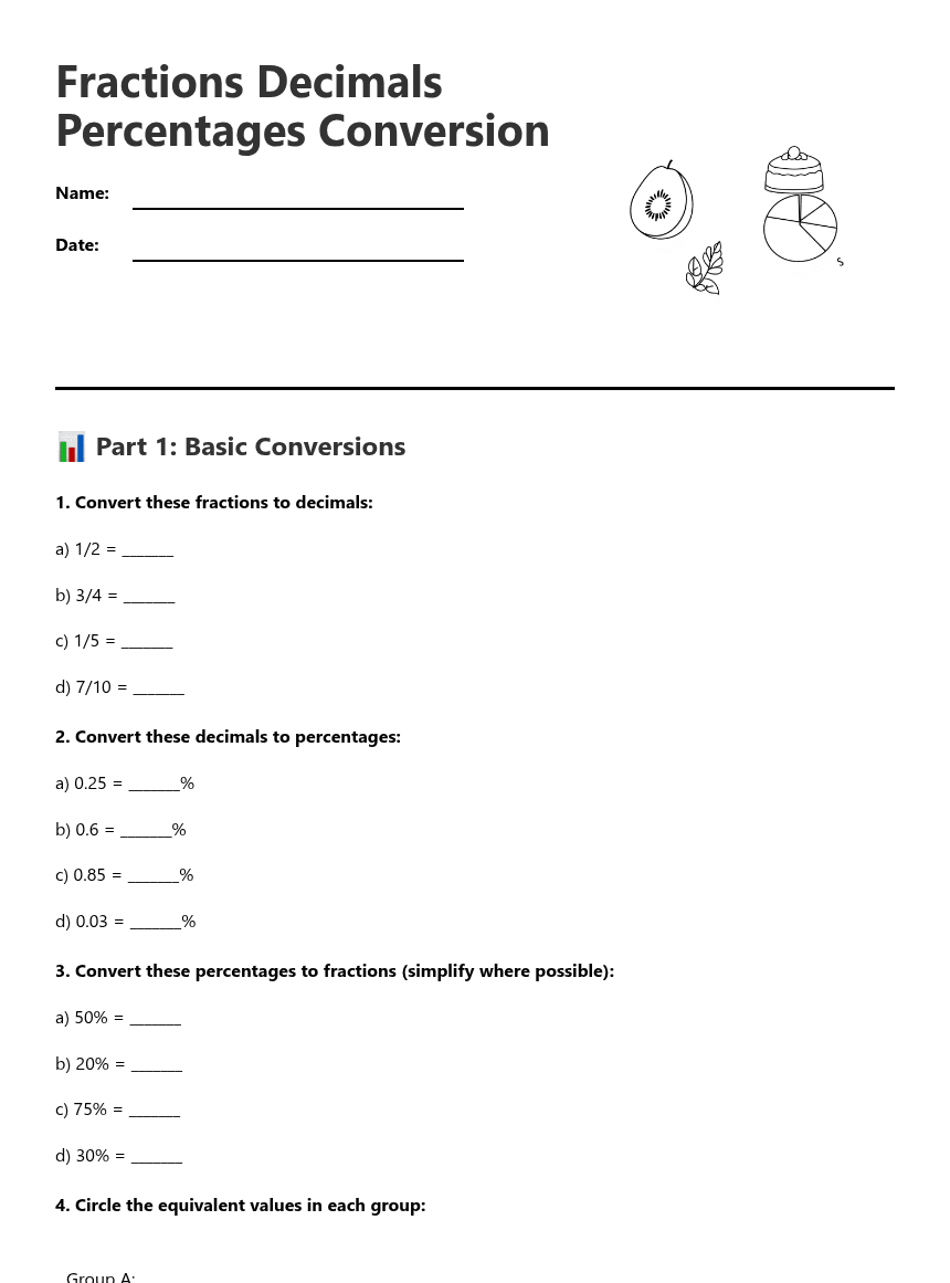 Fractions Decimals Percentages Conversion worksheet preview