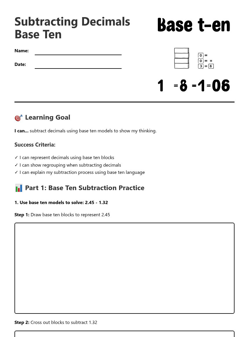 Subtracting Decimals Base Ten worksheet preview