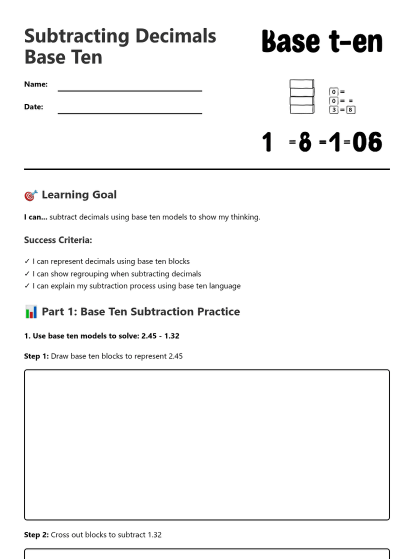 Subtracting Decimals Base Ten