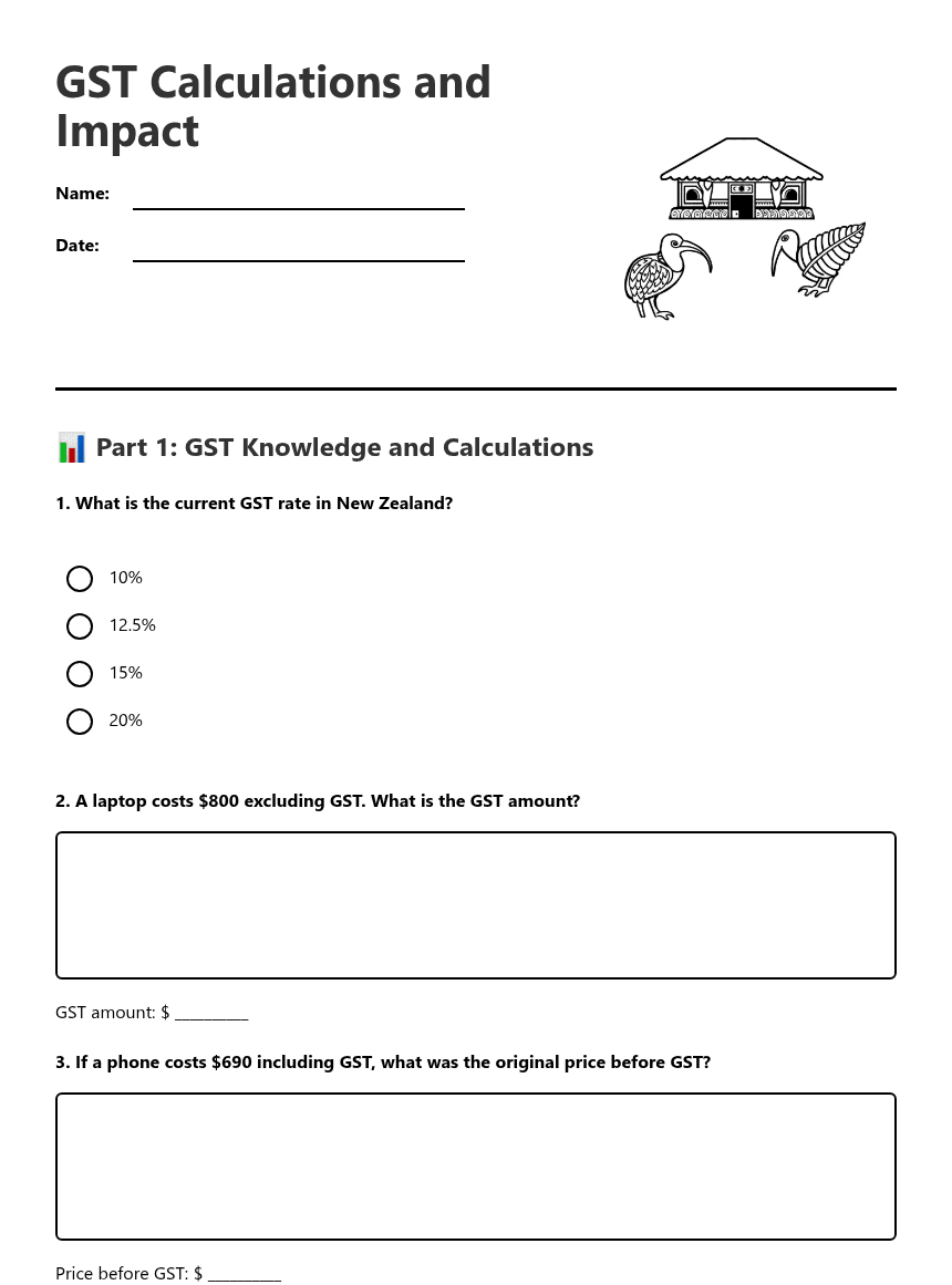 GST Calculations and Impact worksheet preview