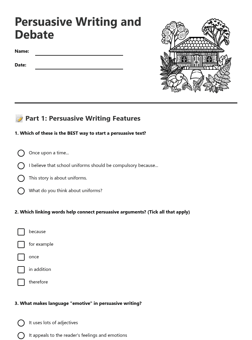 Persuasive Writing and Debate worksheet preview