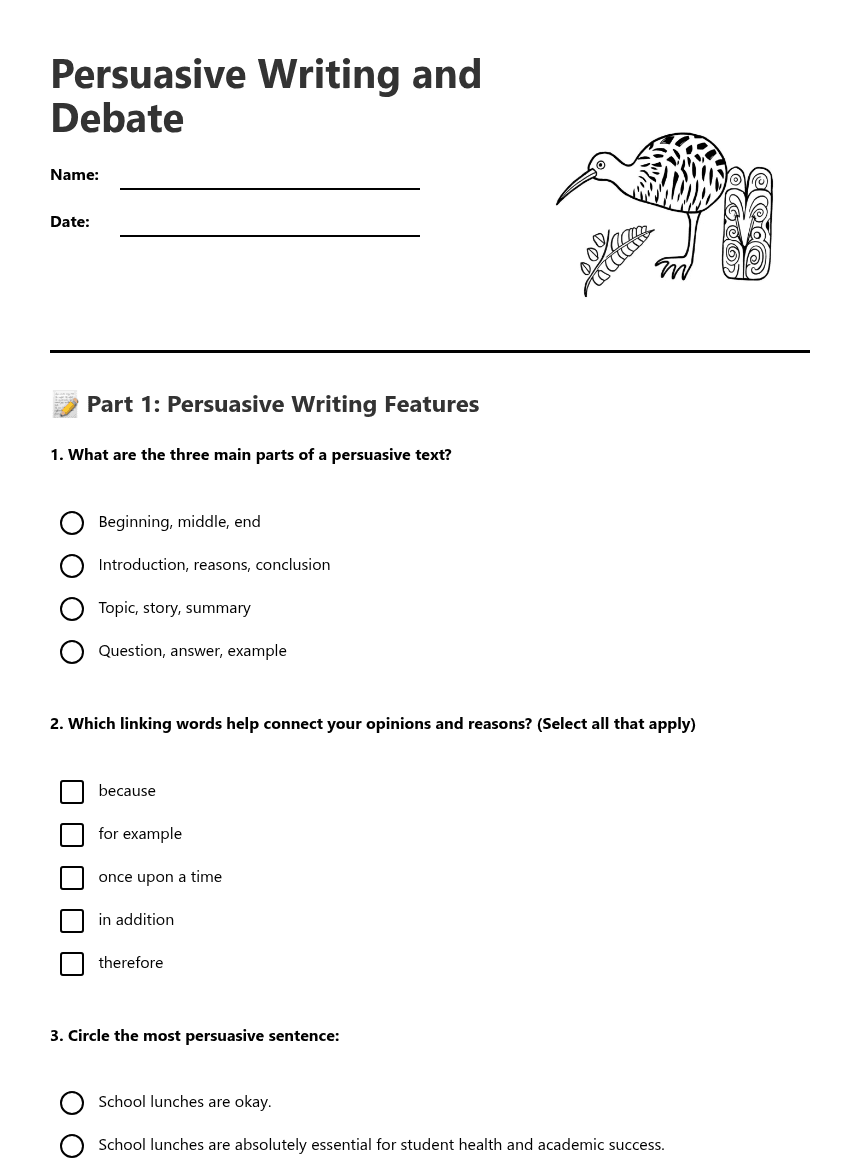 Persuasive Writing and Debate worksheet preview