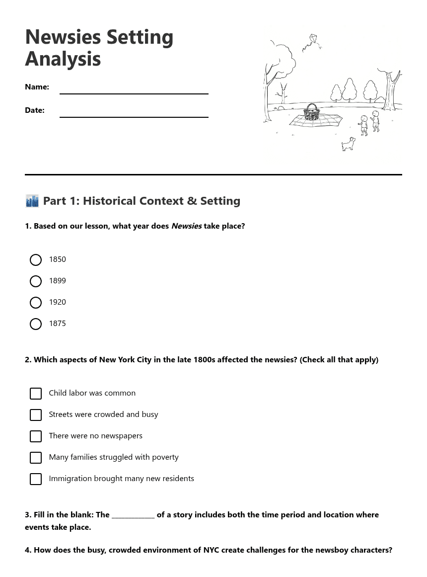 Newsies Setting Analysis worksheet preview