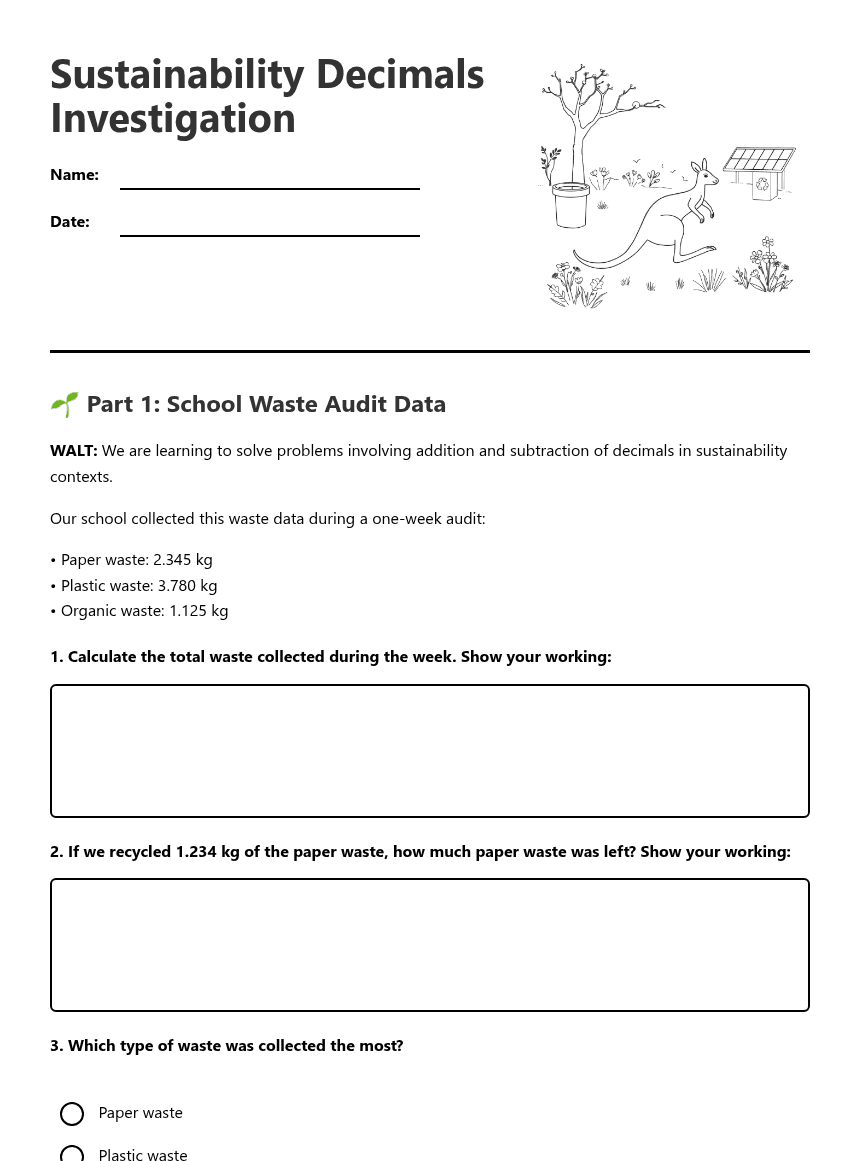 Sustainability Decimals Investigation worksheet preview
