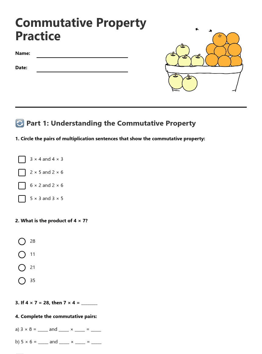 Commutative Property Practice worksheet preview