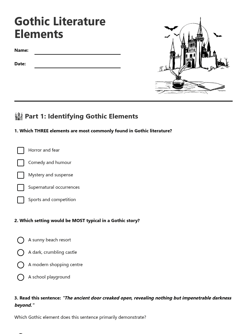 Gothic Literature Elements worksheet preview