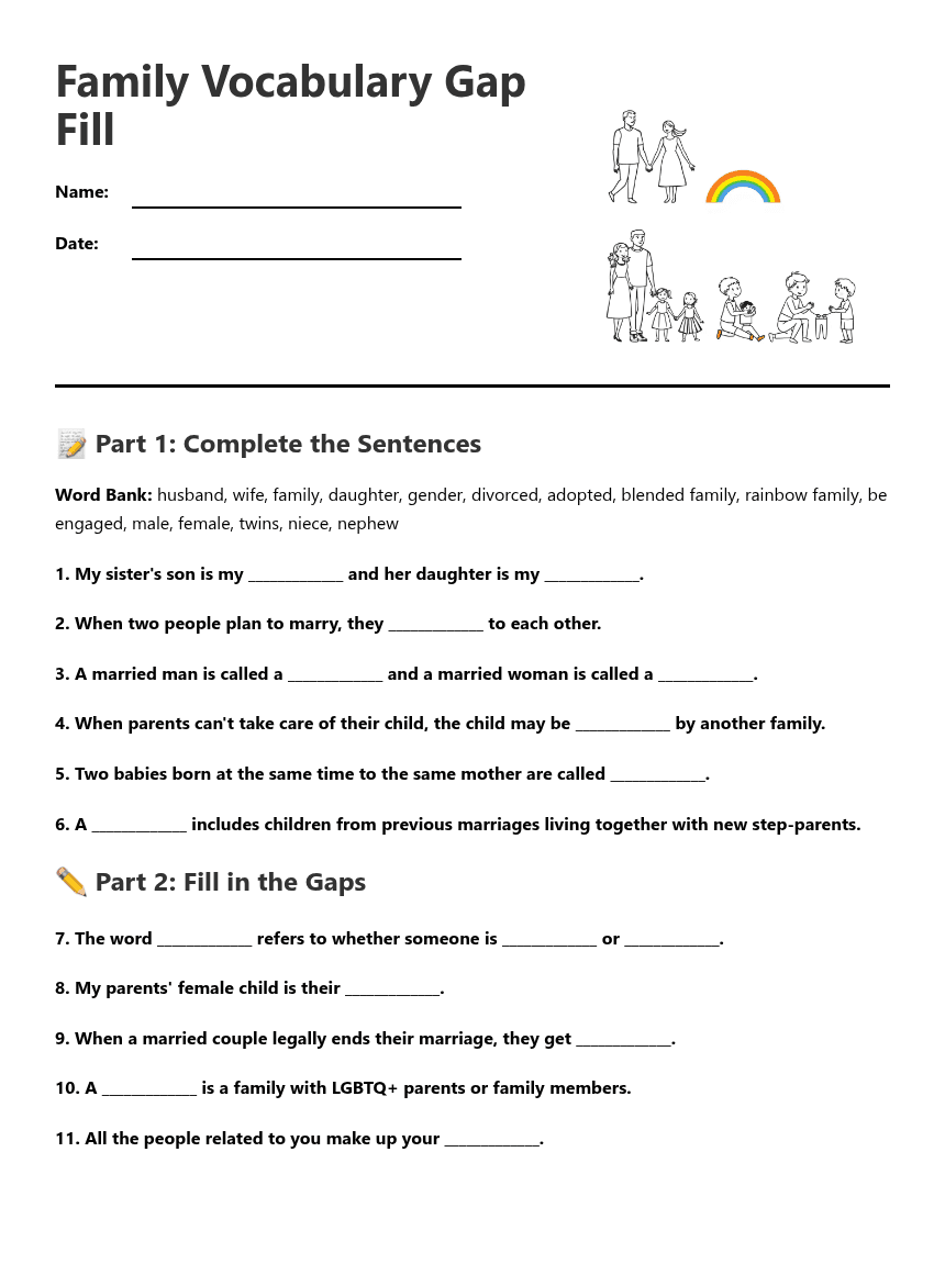 Family Vocabulary Gap Fill worksheet preview