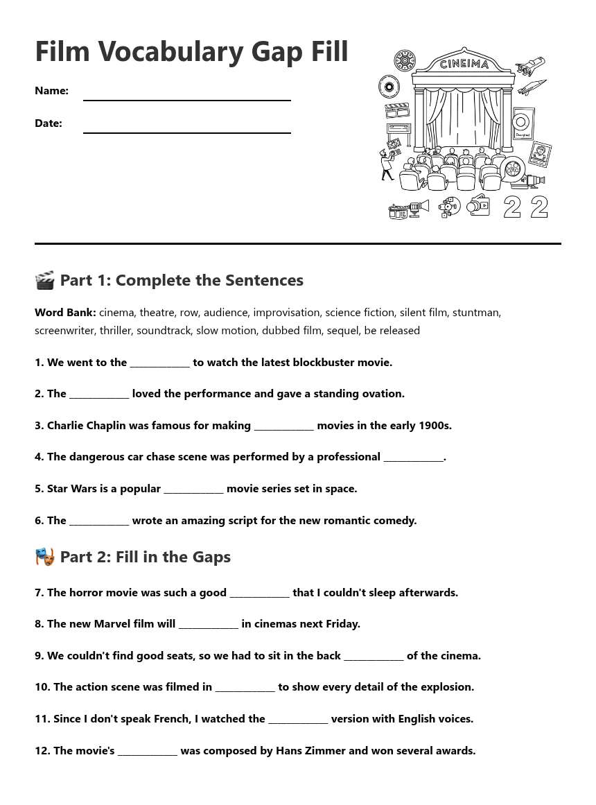 Film Vocabulary Gap Fill worksheet preview