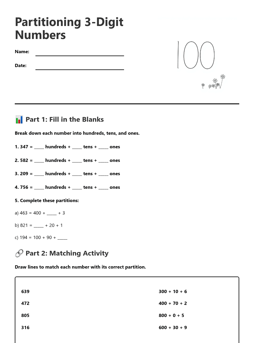 Partitioning 3-Digit Numbers worksheet preview