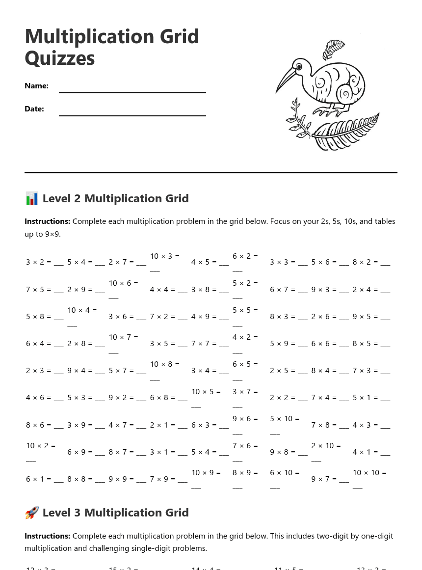 Multiplication Grid Quizzes worksheet preview
