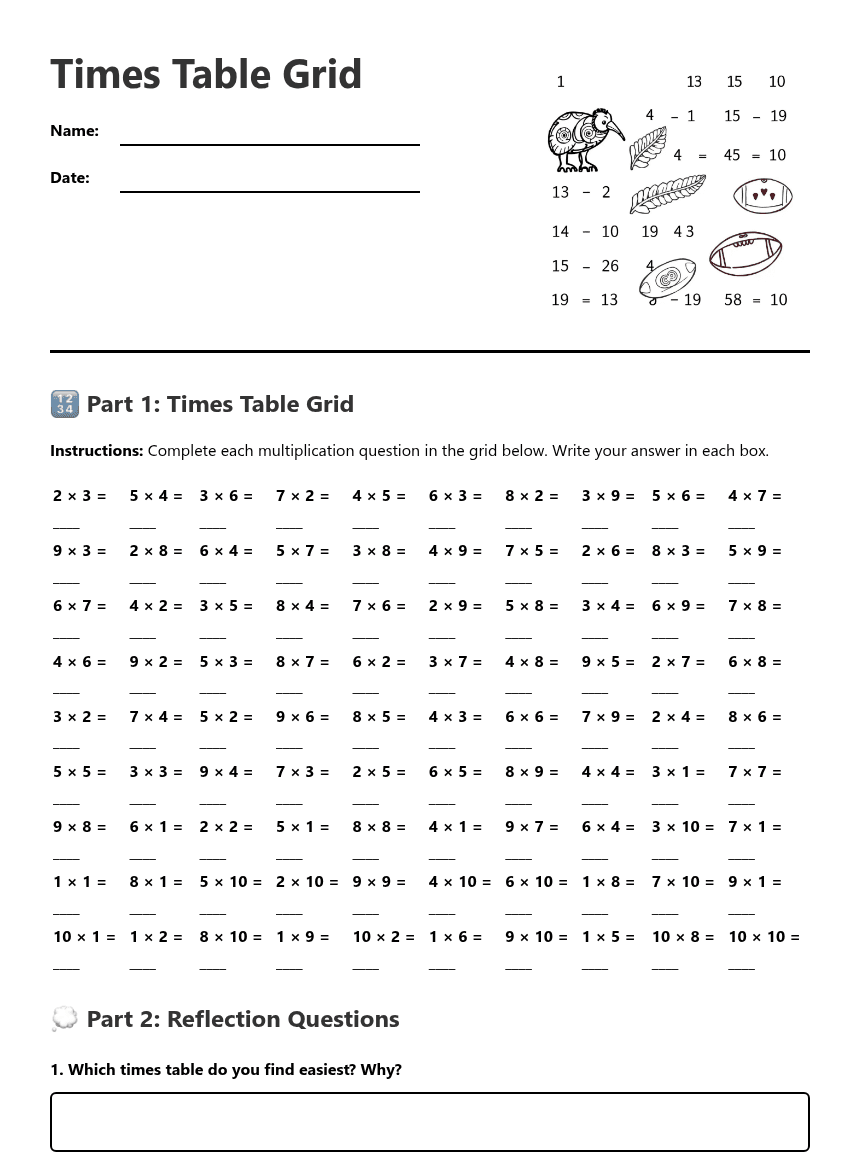 Times Table Grid worksheet preview