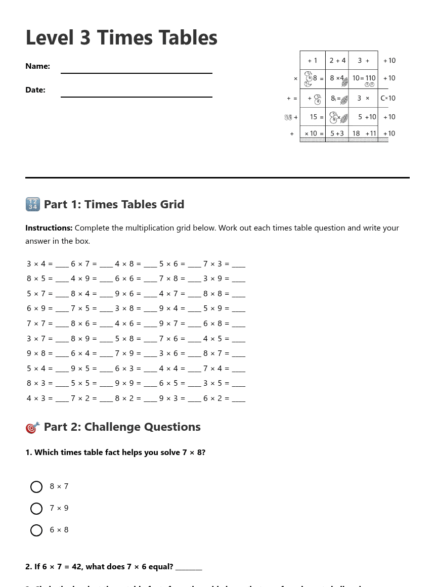 Level 3 Times Tables worksheet preview