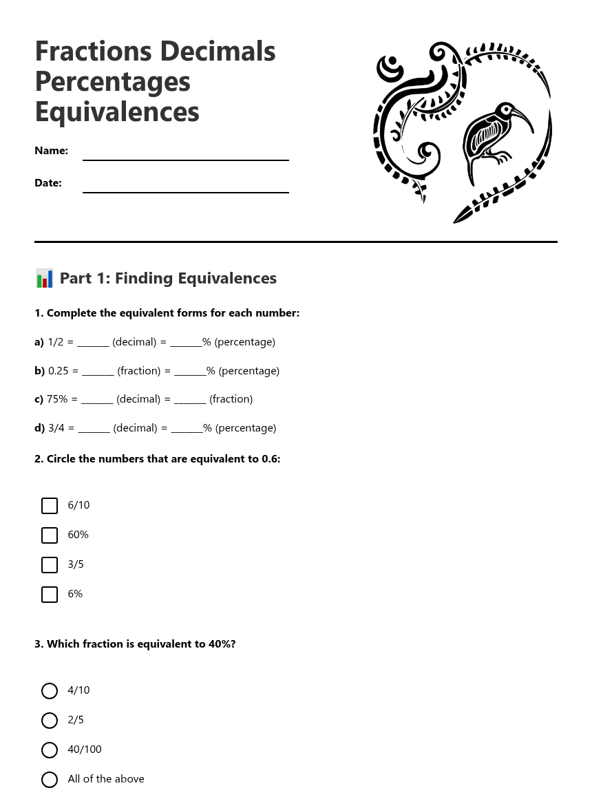Fractions Decimals Percentages Equivalences worksheet preview