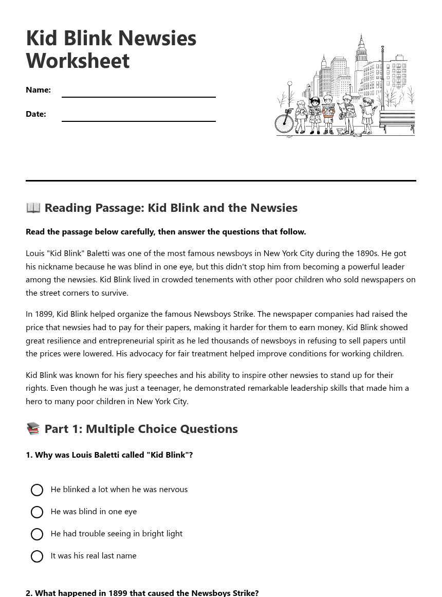 Kid Blink Newsies Worksheet worksheet preview