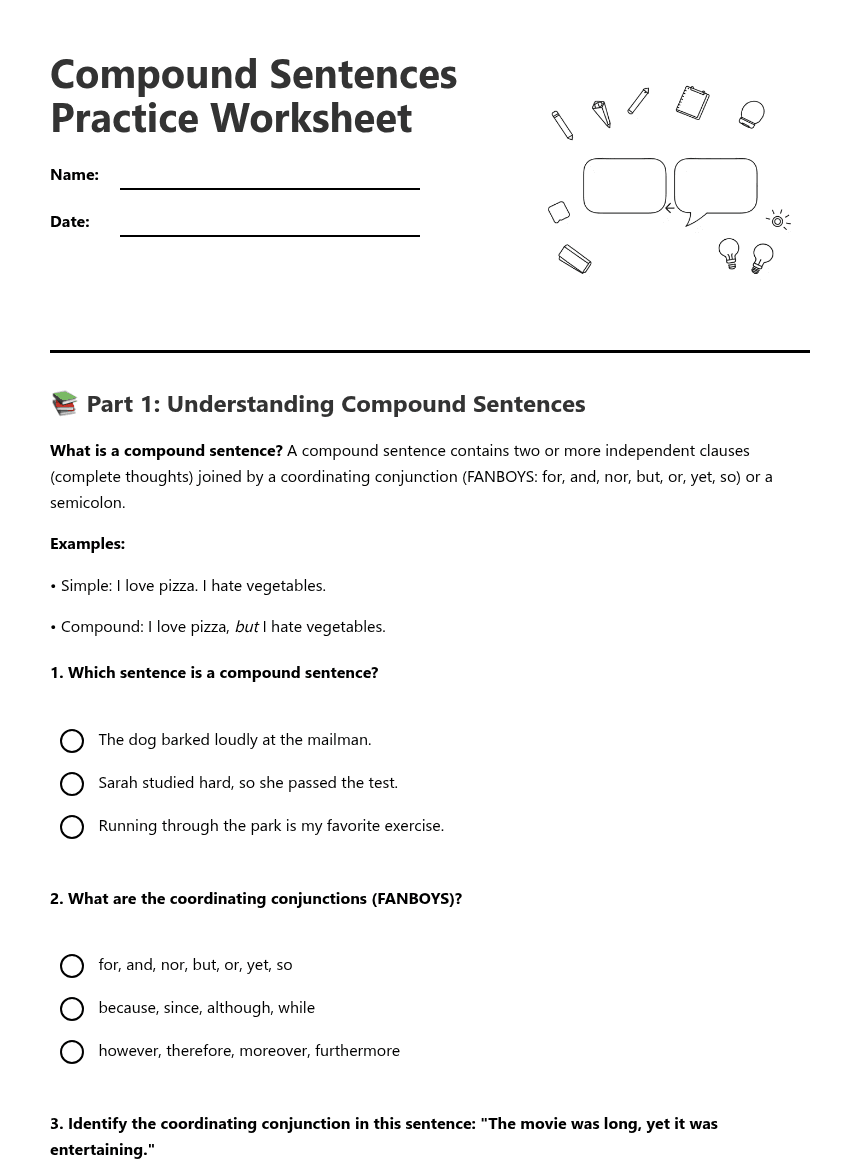Compound Sentences Practice Worksheet worksheet preview