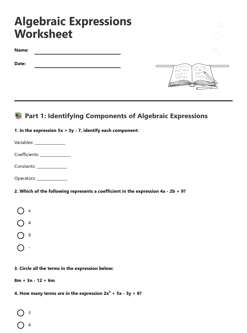Algebraic Expressions Worksheet worksheet preview