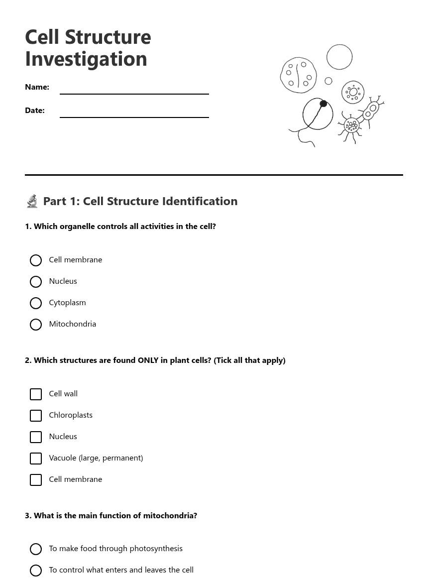 Cell Structure Investigation worksheet preview