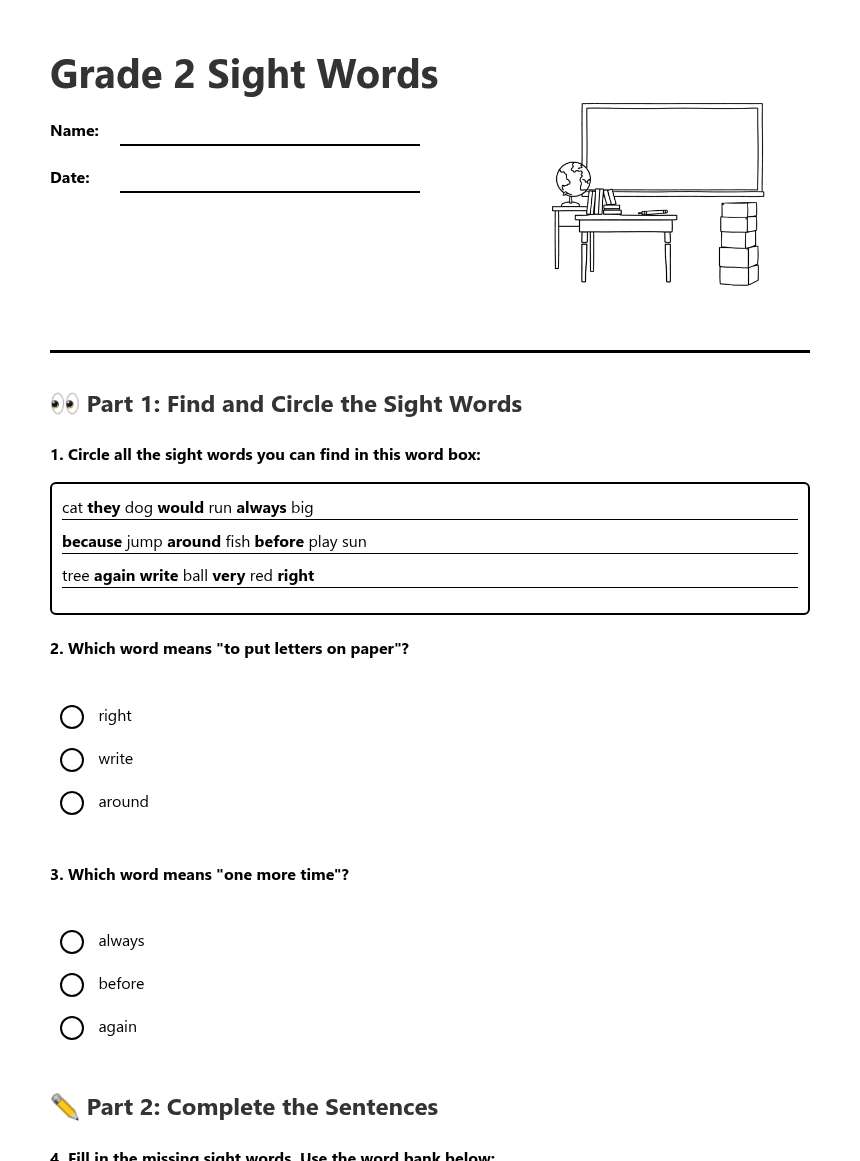 Grade 2 Sight Words worksheet preview