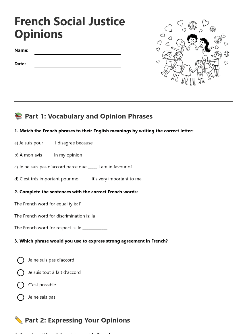 French Social Justice Opinions worksheet preview