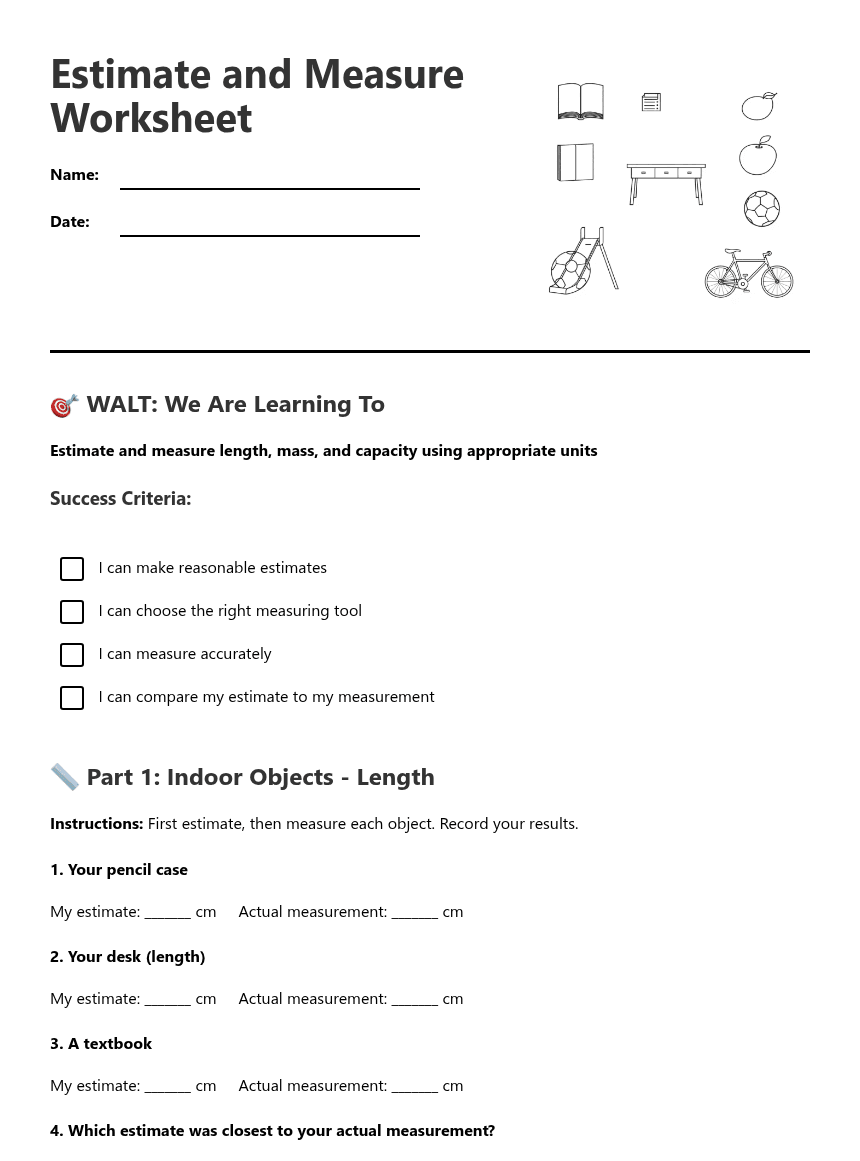 Estimate and Measure Worksheet worksheet preview