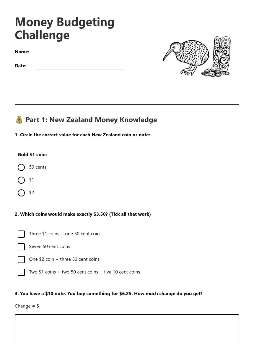 Money Budgeting Challenge worksheet preview