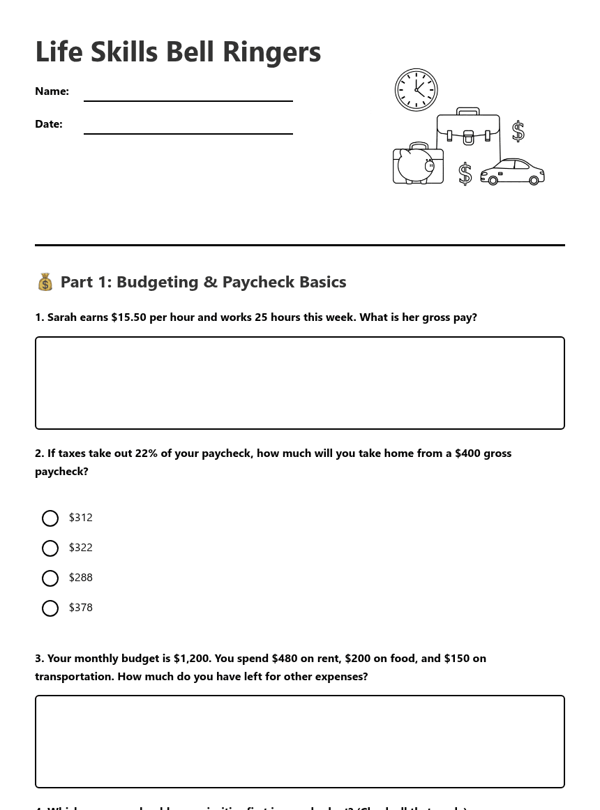 Life Skills Bell Ringers worksheet preview