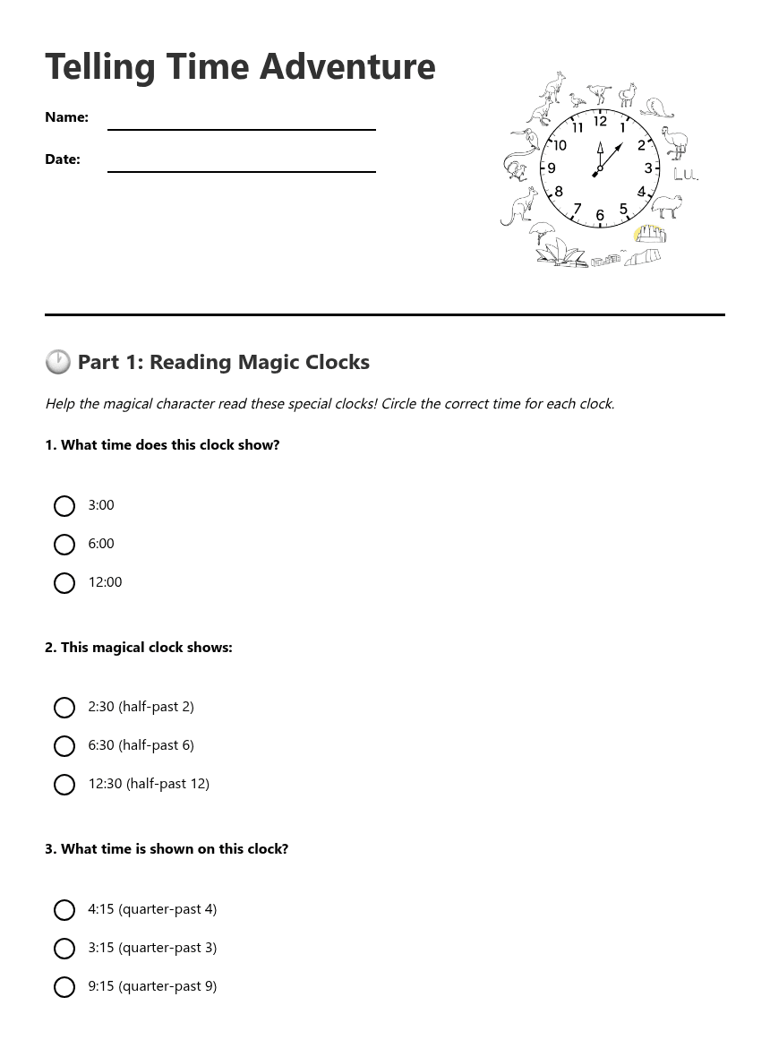 Telling Time Adventure worksheet preview