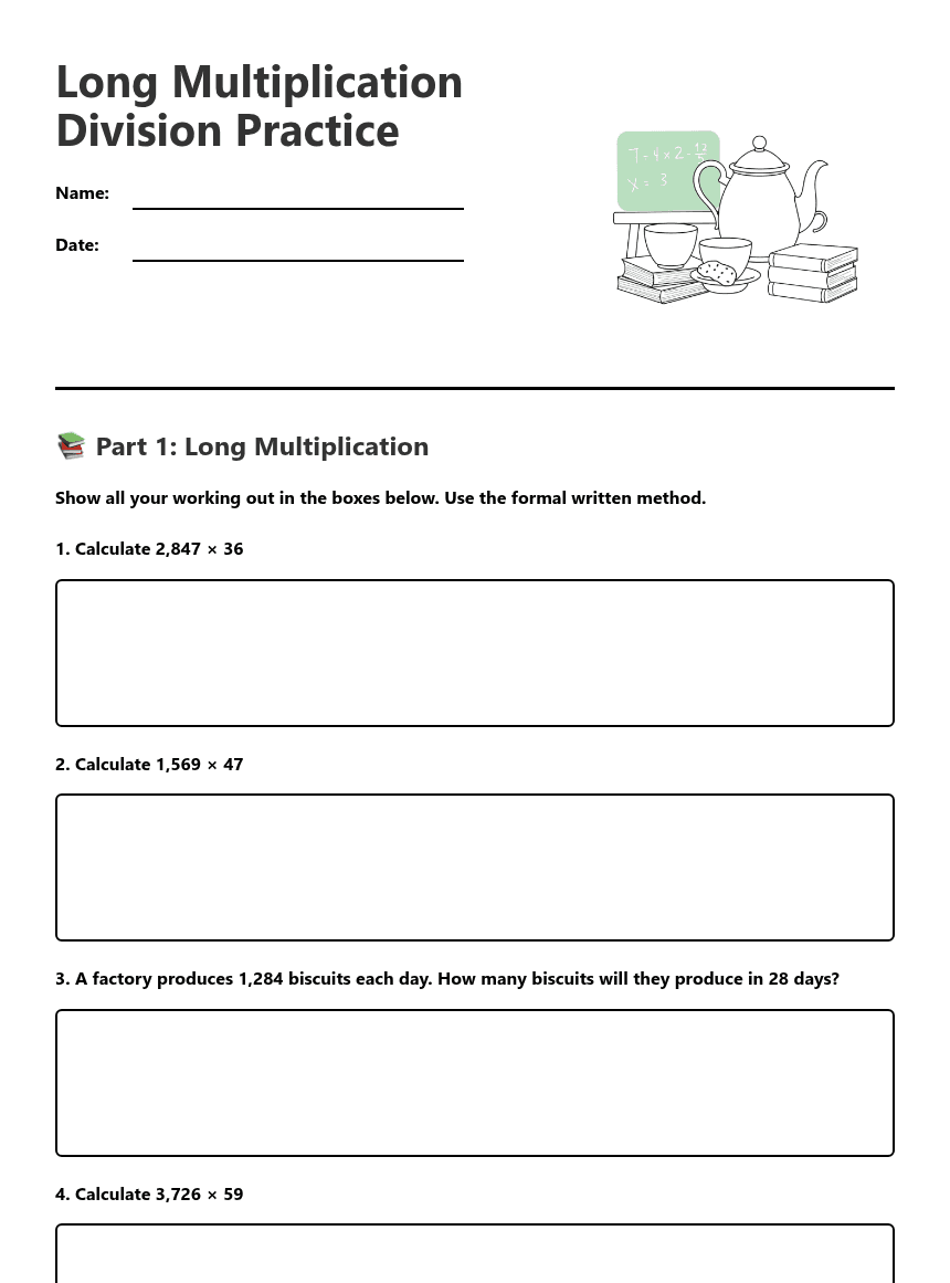 Long Multiplication Division Practice worksheet preview