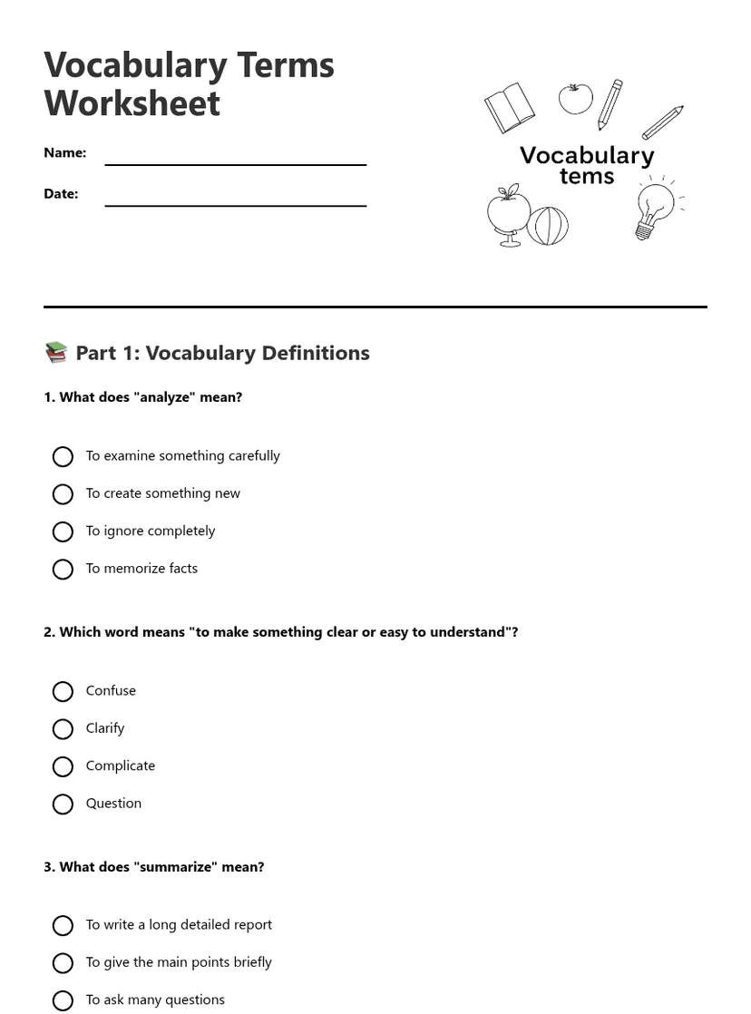 Vocabulary Terms Worksheet